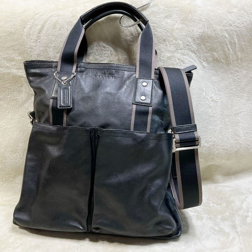 定価約8.8万円COACH コーチ ヘリテージウェブ 牛革 フルグレインレザー ショルダートートバック2WAY 黒 ブラック A4可能 F70558_画像1