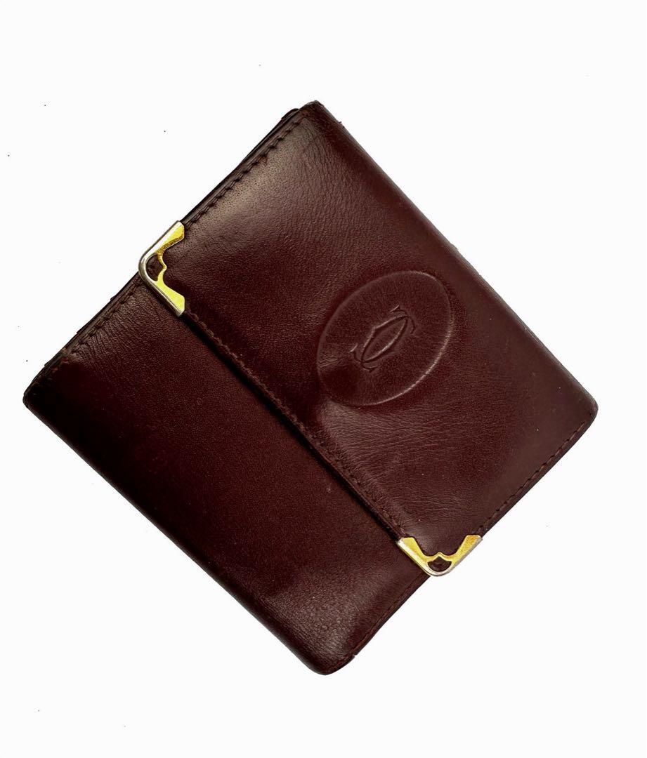 Cartier カルティエ マストライン 二つ折り財布 がま口小銭入れ ボルドー ワイン 赤紫 レザーウォレット ビジネス wallet purse メンズ
