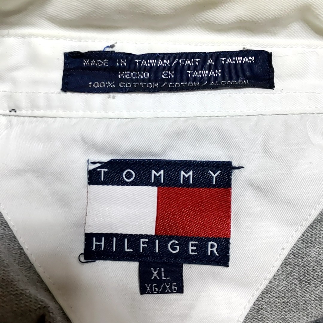 D1 TOMMY トミーヒルフィガー XL 灰色 グレー 長袖 ラガーシャツ ポロシャツ 無地 ワンポイント ロゴ ビンテージ アメリカ 古着 90s メンズ_画像4