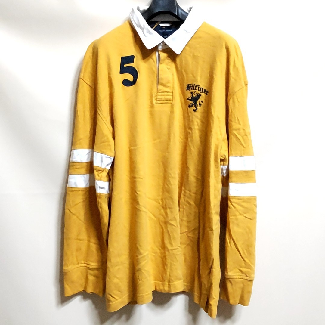 D4 トミーヒルフィガー 黄色 2XL 長袖 ラガーシャツ ポロシャツ ラグビー シャツ ビッグサイズ ビンテージ アメカジ アメリカ 古着 メンズ
