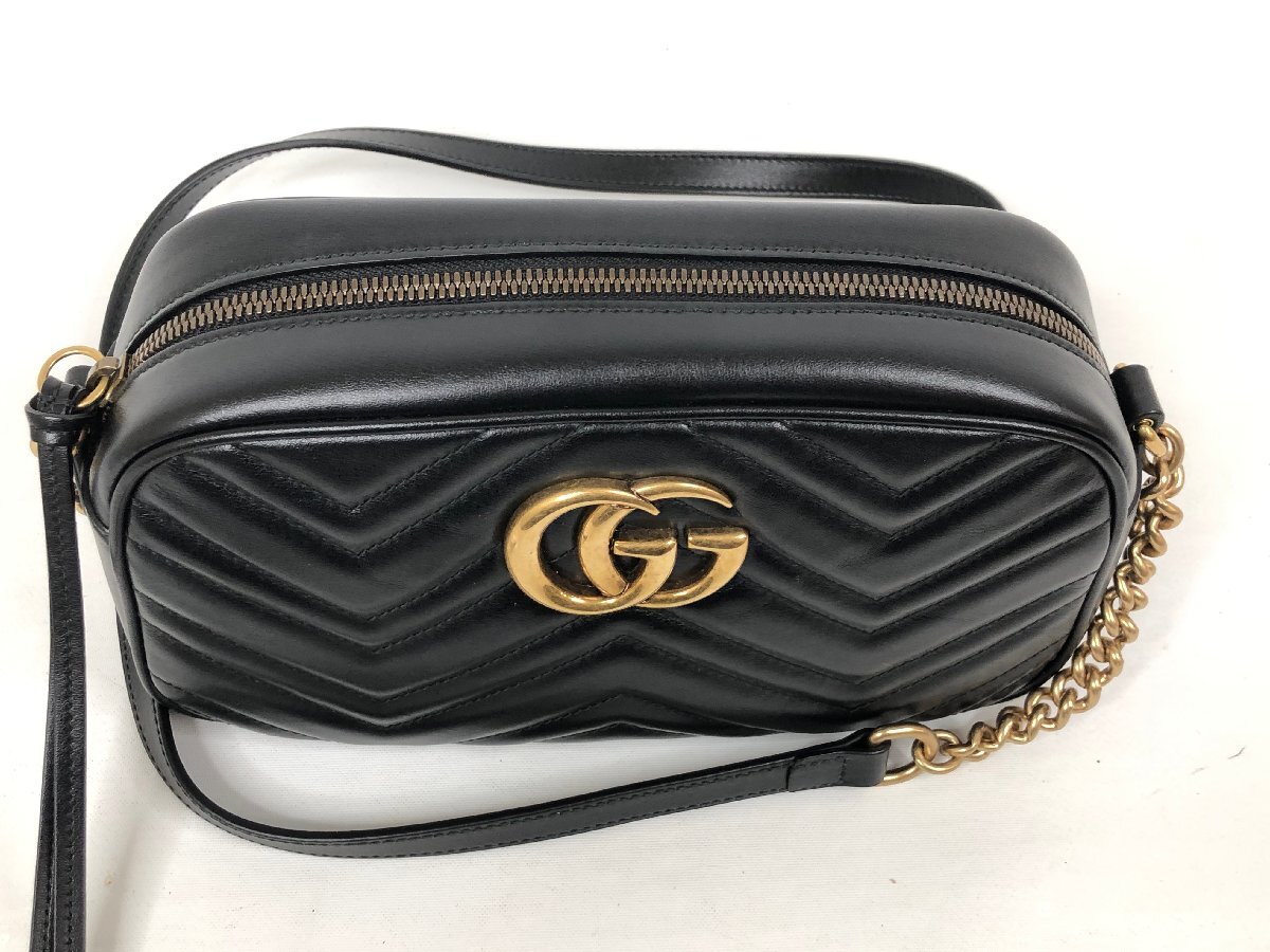 極美品 GUCCI グッチ GGマーモント チェーンショルダーバッグ 447632 レディース ゴールド キルティング ブラック F03-18_画像3