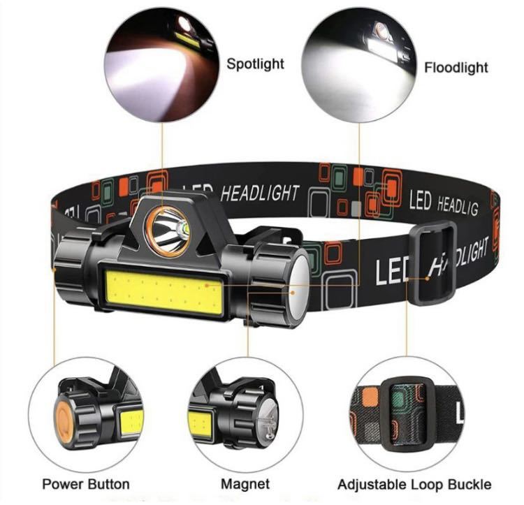 LED ヘッドライト 2個 ヘッドランプ 高輝度 ヘルメット 懐中電灯 作業灯USB アウトドア 防災 軽量 レジャー 新品の画像3