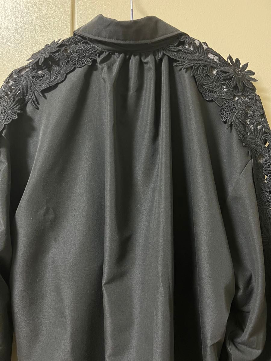 新品 シャツ チュニック ワンピース 上着 クロシェレースのお袖が素敵・上質ブロード生地 大人フェミニン 人気ブラック色