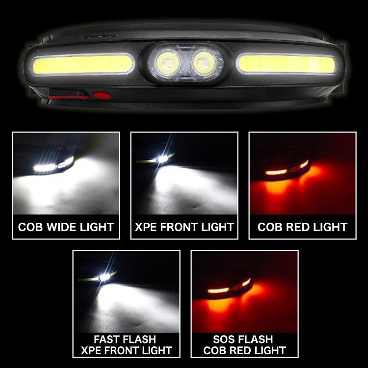 LEDヘッドランプ XPE＋COB ヘッドバンド一体型 USB充電式 フラッシュ/赤色点灯可 防災 生活防水 登山ライト 夜間作業 アウトドア 