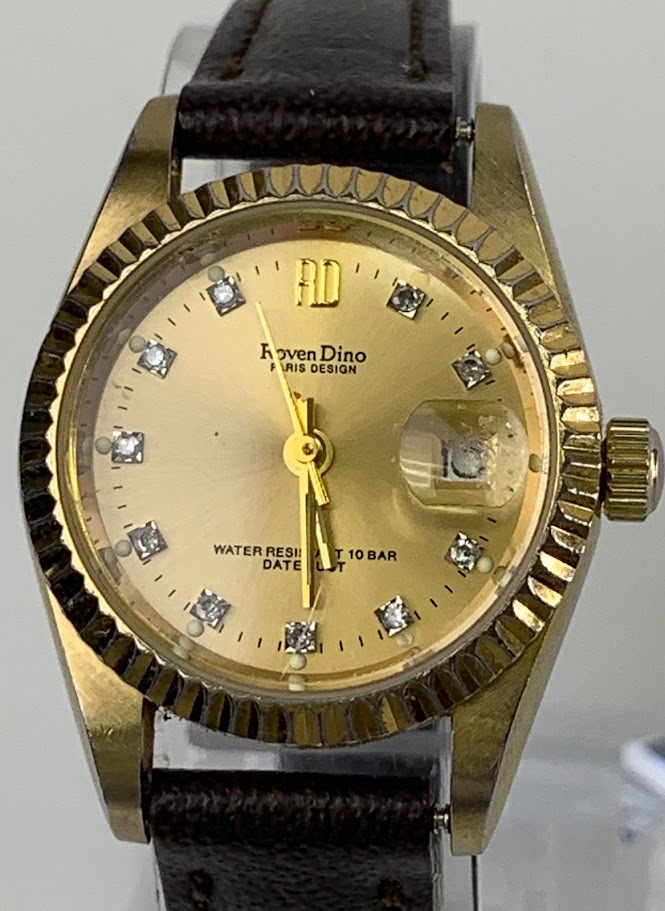 【1円出品】F0471 Roven Dino ロマンディーノ 2940L クオーツ QZ ゴールドカラー デイト 3針 アナログ レディース腕時計 現状不動品の画像2