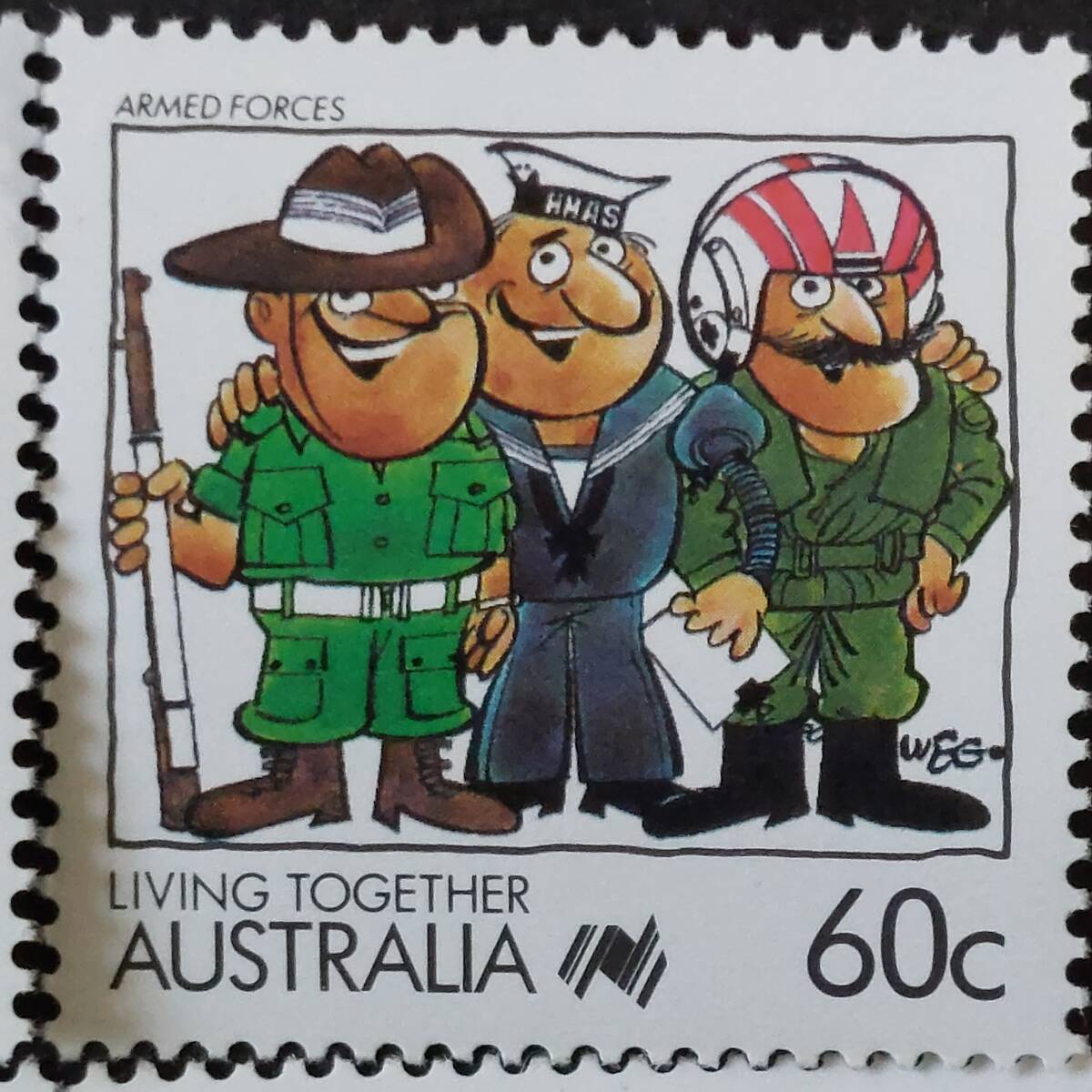 J281 オーストラリア切手「『LIVING　TOGETHER』(共に生きよう)をテーマとした各ジャンルの楽しいイラスト切手4種セット⑤」1988年　未使用_画像3
