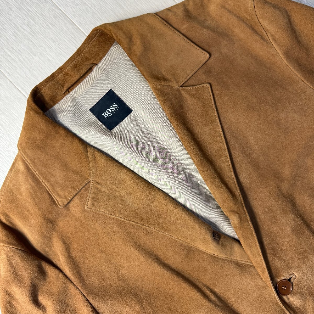 美品/46 M-L相当★ヒューゴボス/HUGO BOSS 起毛スエード 山羊革 レザー シングル テーラード ジャケット ブレザー 春アウター メンズ 茶_画像4