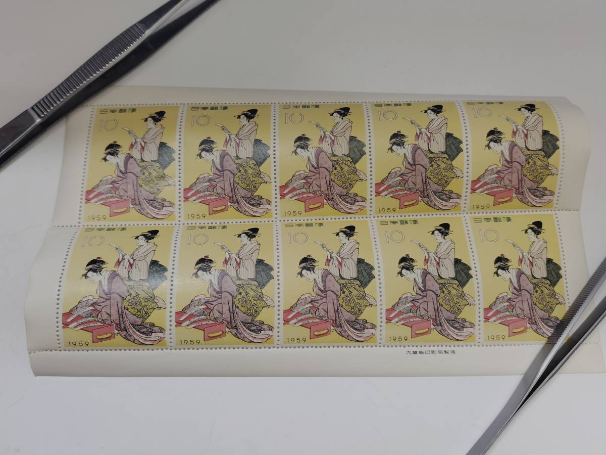 未使用◆切手趣味週間◆１９５９年　 浮世源氏八景　 細田栄之 ◆１０円ｘ１０枚　１シート_画像1