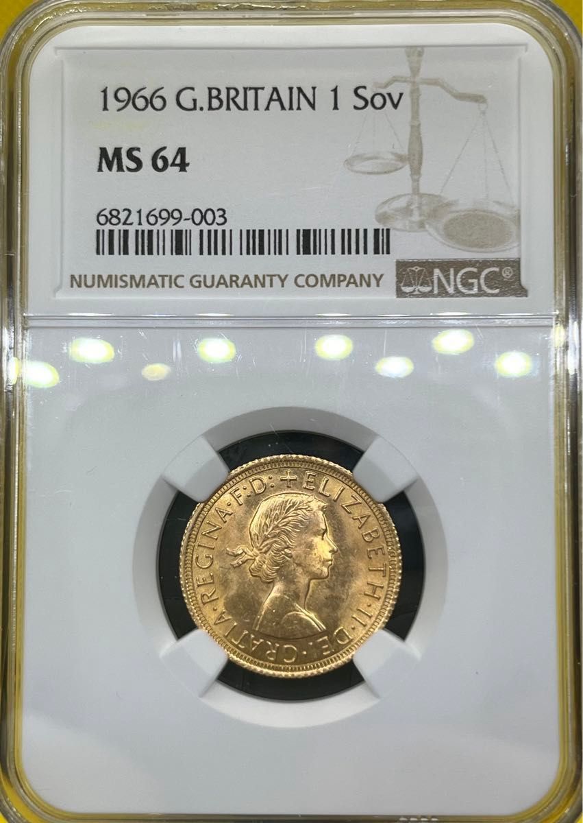 イギリス 1966年 エリザベス2世 1ソブリン 金貨 NGC鑑定 MS64