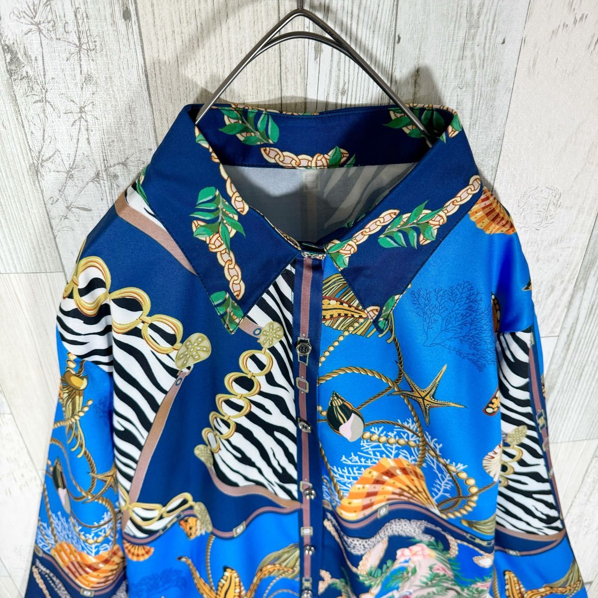 柄シャツ レディース 長袖 L 青 未使用 古着 総柄 スカーフ柄 柄シャツ レディース 長袖 L 青 未使用 古着 総柄 スカーフ柄