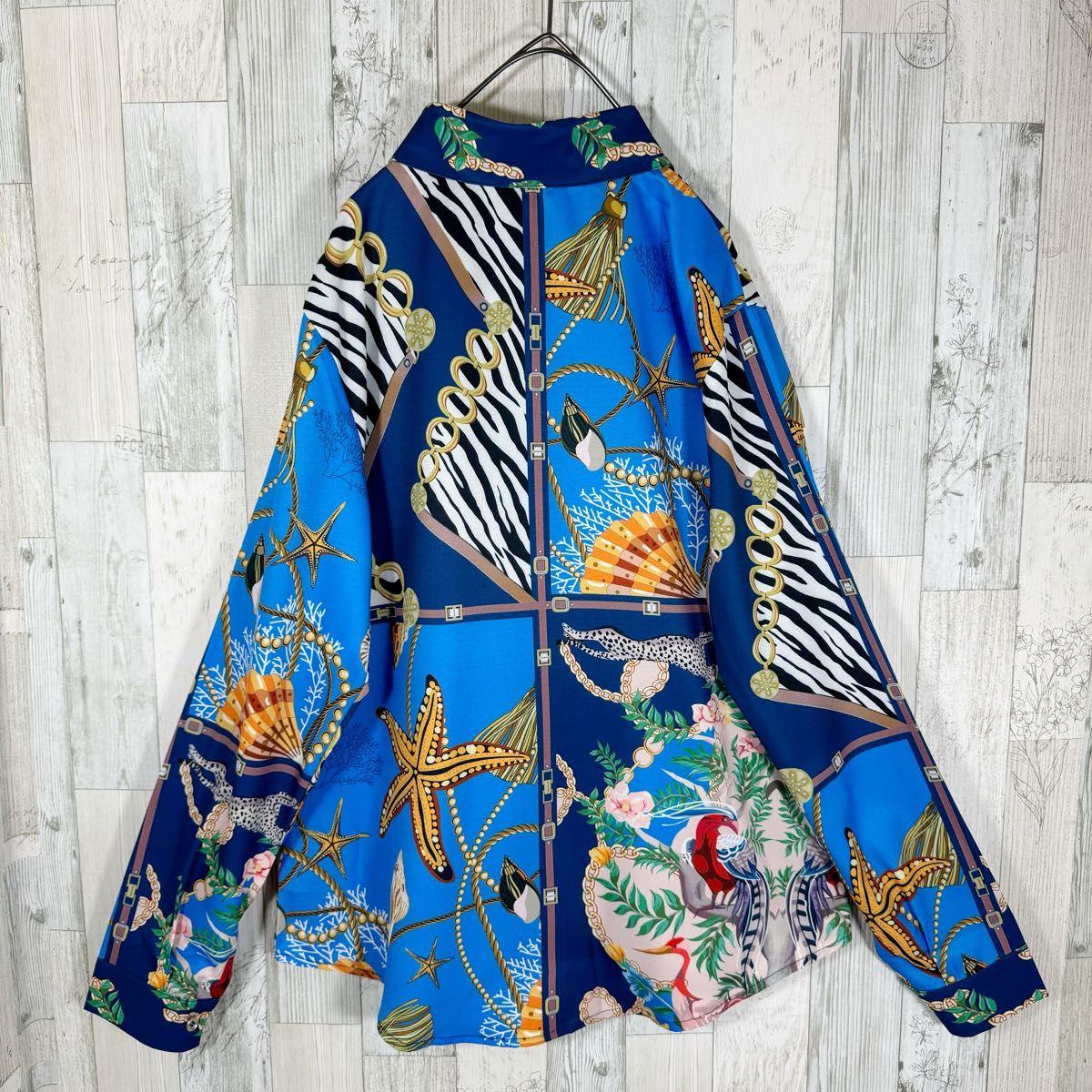 柄シャツ レディース 長袖 L 青 未使用 古着 総柄 スカーフ柄 柄シャツ レディース 長袖 L 青 未使用 古着 総柄 スカーフ柄