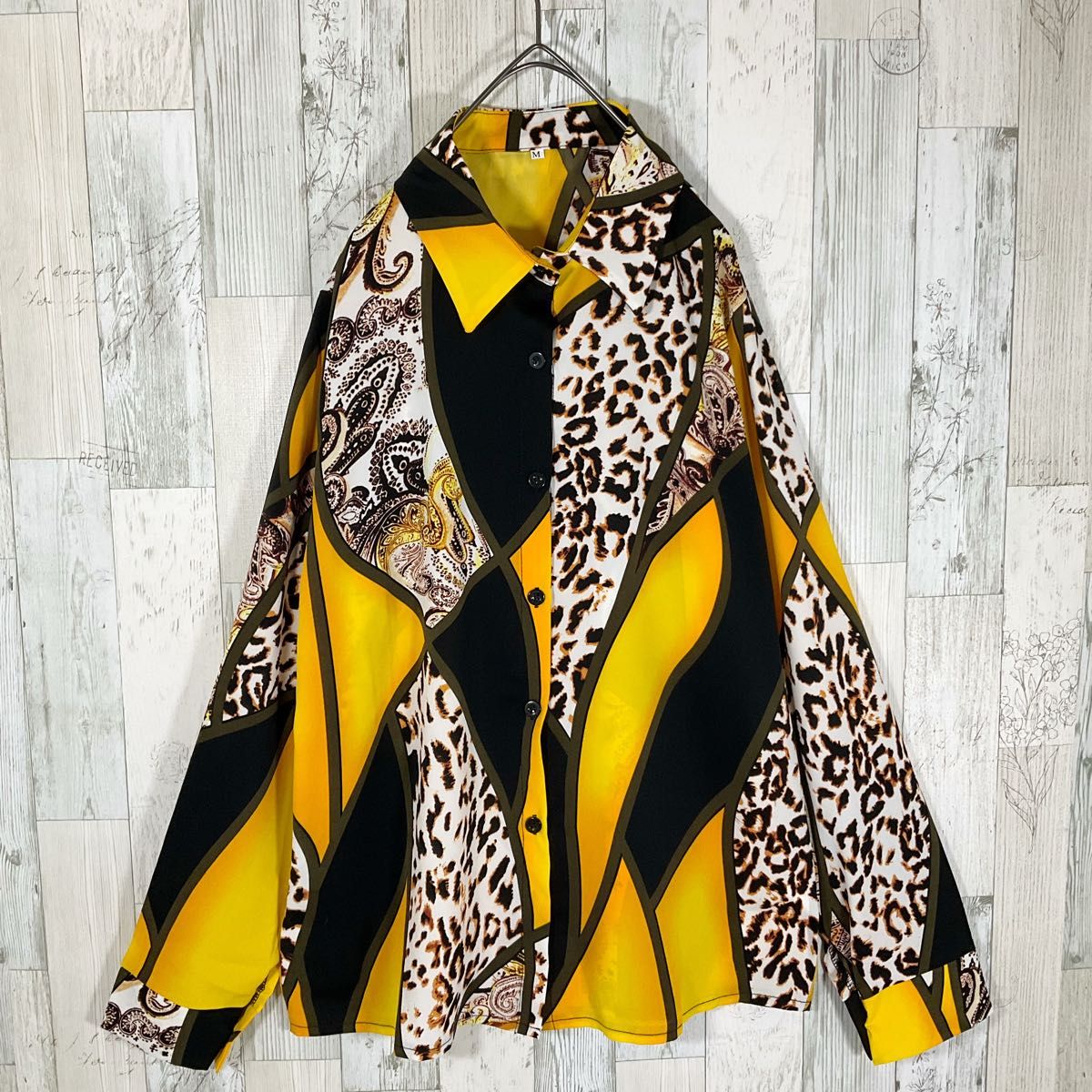 柄シャツ レディース 長袖 L 黄色 未使用 古着 総柄 スカーフ柄 柄シャツ レディース 長袖 L 黄色 未使用 古着 総柄 スカーフ柄