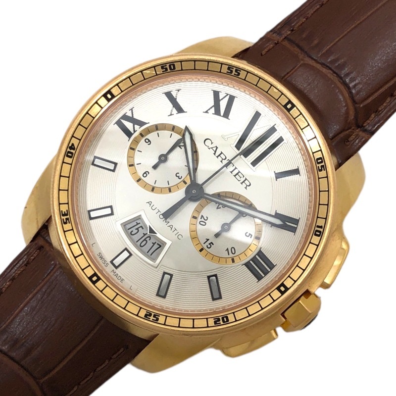 カルティエ Cartier カリブル ドゥ カルティエ クロノグラフ W7100044 シルバー文字盤 K18PG/レザーストラップ(社外) 腕時計 メンズ 中古