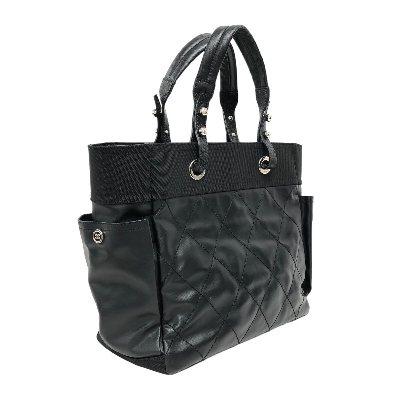 シャネル CHANEL パリビアリッツトートGM A34210 14番台 ブラック シルバー金具 PCV/キャンバス トートバッグ レディース 中古_画像3