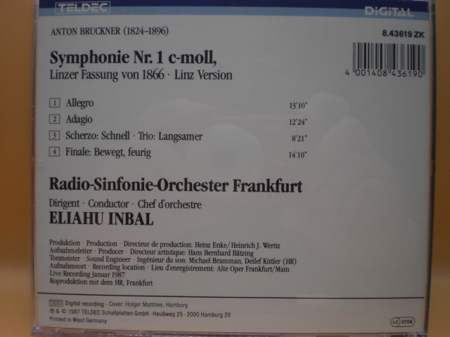 1CD　ブルックナー：交響曲第1番（1866　リンツ版）　インバル/フランクフルト放送交響楽団　1987年　ドイツ盤　14奥_画像2