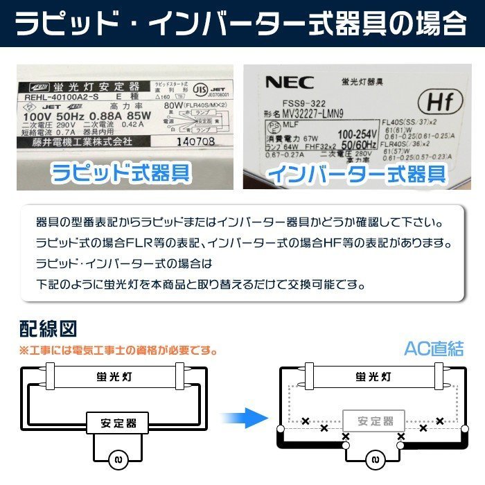 led蛍光灯 40W形「5本入り」直管 120cm 168チップ 2800LM 40W型 グロー器具用 工事不要 led照明 EMC対応 1年保証 色選択_画像3