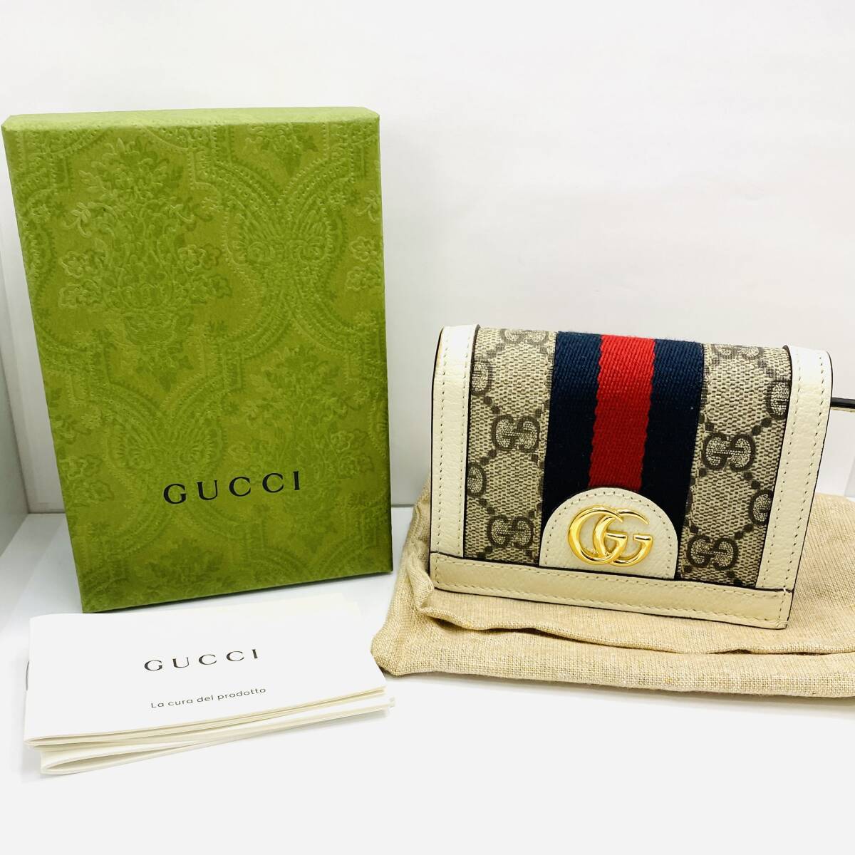 美品 GUCCI グッチ オフィディア GGスプリーム コンパクトウォレット 523155 マーモント シェリーライン 二つ折り財布 箱付き_画像1