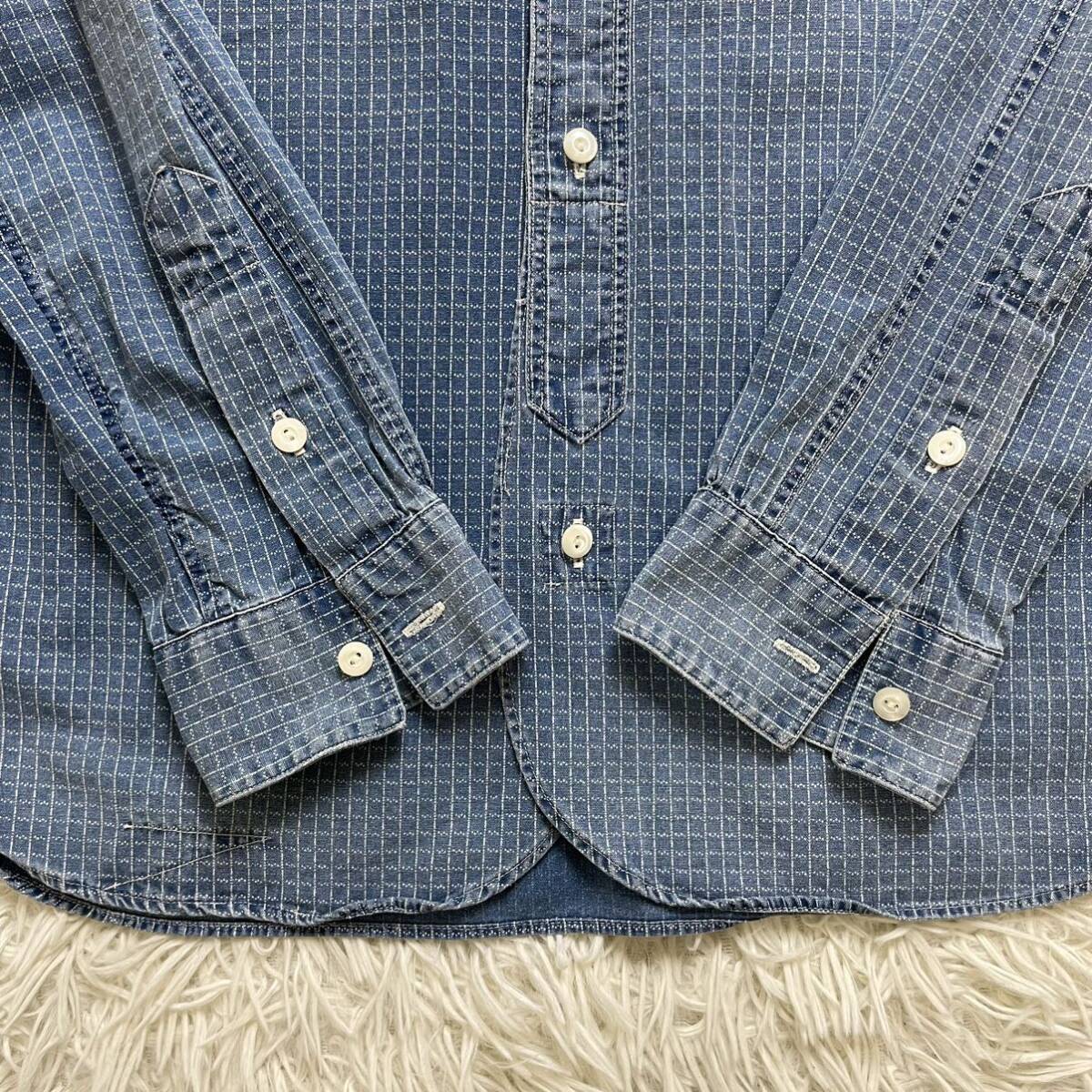 RRL indigo ダブルアールエル チンストラップ マチ付き ワーク インディゴ ストライプ 総柄 used加工 抜染 シャツ Ralph Lauren S_画像6