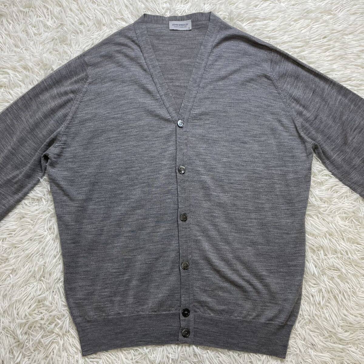 極美品 希少サイズ XL 定価37,400円 john smedley ジョンスメドレー ウール カーディガン ニット グレー 杢 イギリス製 通年着用可_画像2