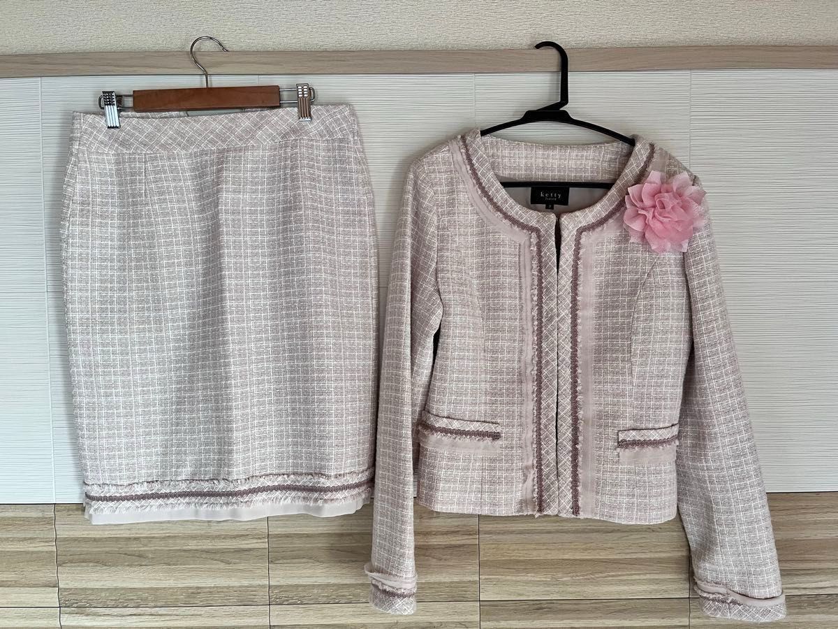 美品ジャケットスーツ☆ピンクツイード セレモニー スーツ スカート 卒業式 入学式 セットアップ