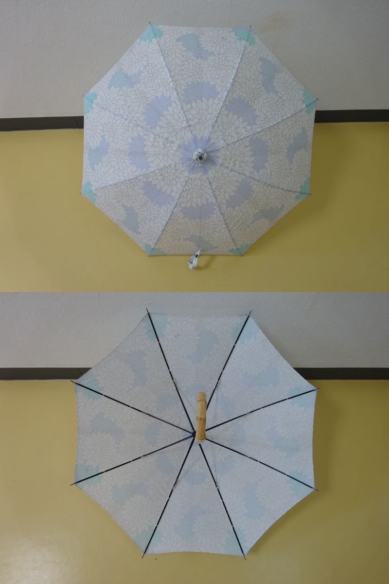 (.-A1-1040 ) длинный зонт зонт от солнца рука открытие тип цветочный принт белый лиловый бледно-голубой модный симпатичный общая длина примерно 63cm половина диаметр примерно 39cm б/у 