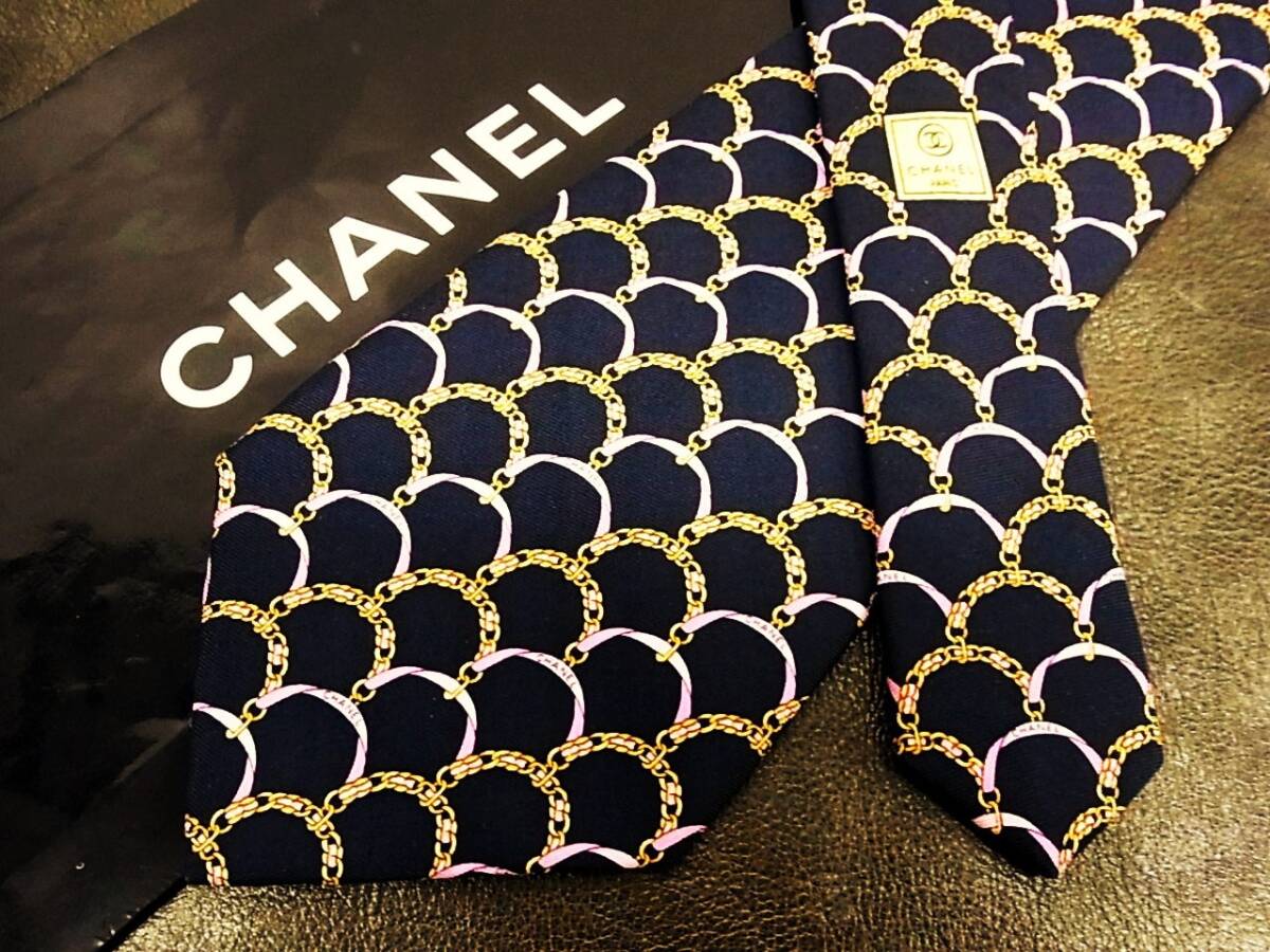 ●bv0801●良品●シャネル【CHANEL】 ロゴ チェーン柄 ネクタイ★