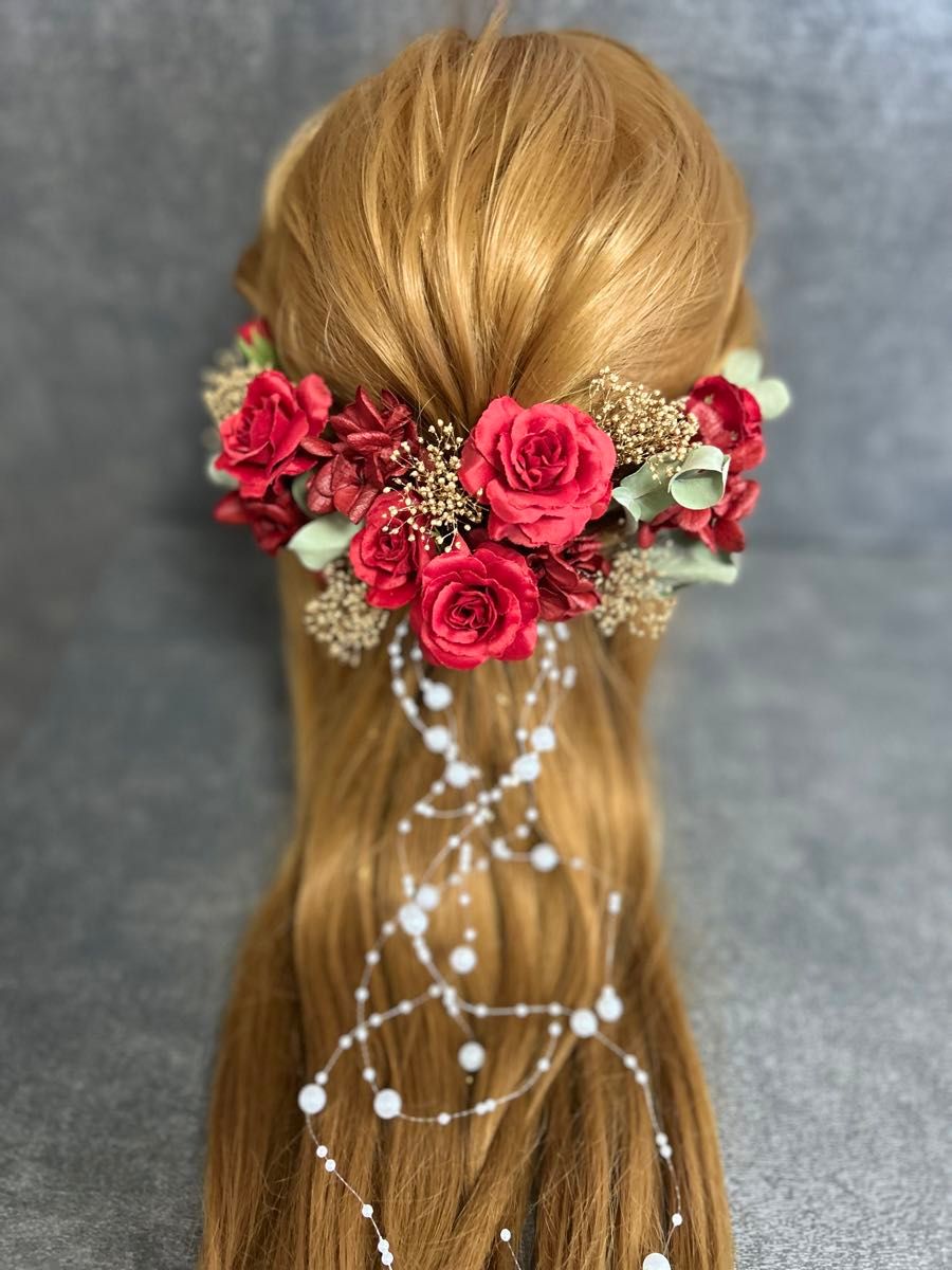 髪飾り 赤薔薇 美女と野獣 結婚式 成人式 卒業式 ヘッドドレス パール ローズ ヘアアクセサリー