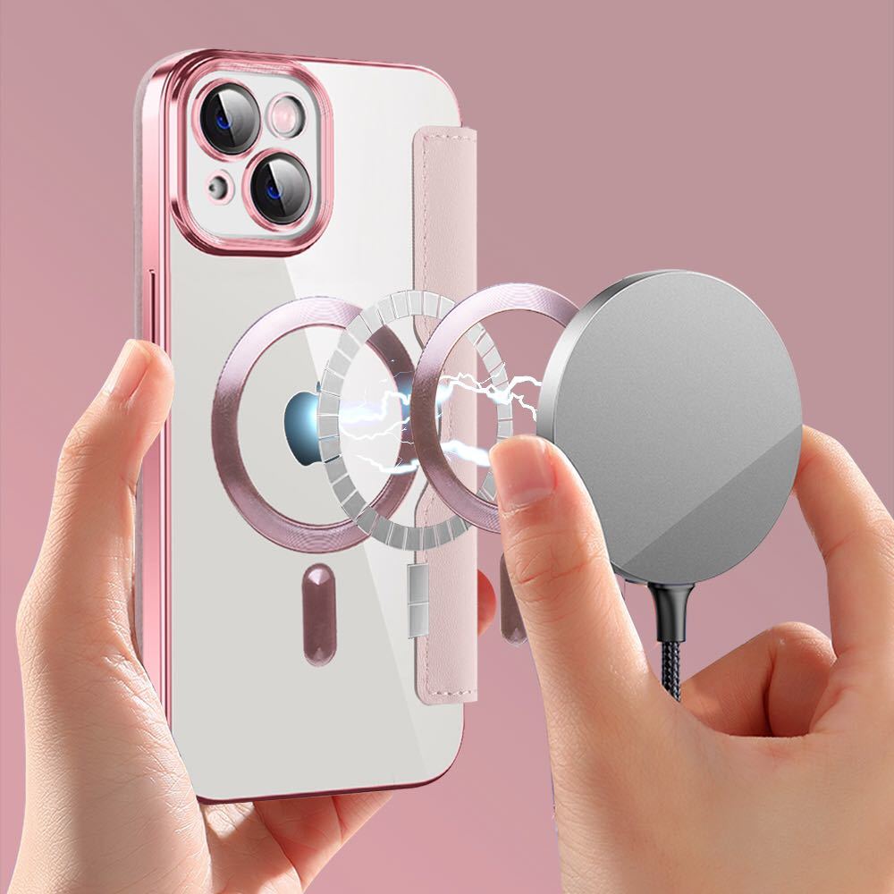iPhone 15 plus レザーケース アイフォン15 プラス クリアケース iPhone15 plus カバー 透明 カード収納 MagSafe充電 手帳型 ピンクの画像6