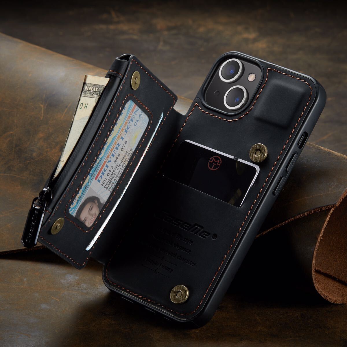 iPhone12 レザーケース iPhone12Pro ケース アイフォン12 Pro/アイフォン 12 カバー 6.1インチ 背面 ファスナーポケット付き ブラック
