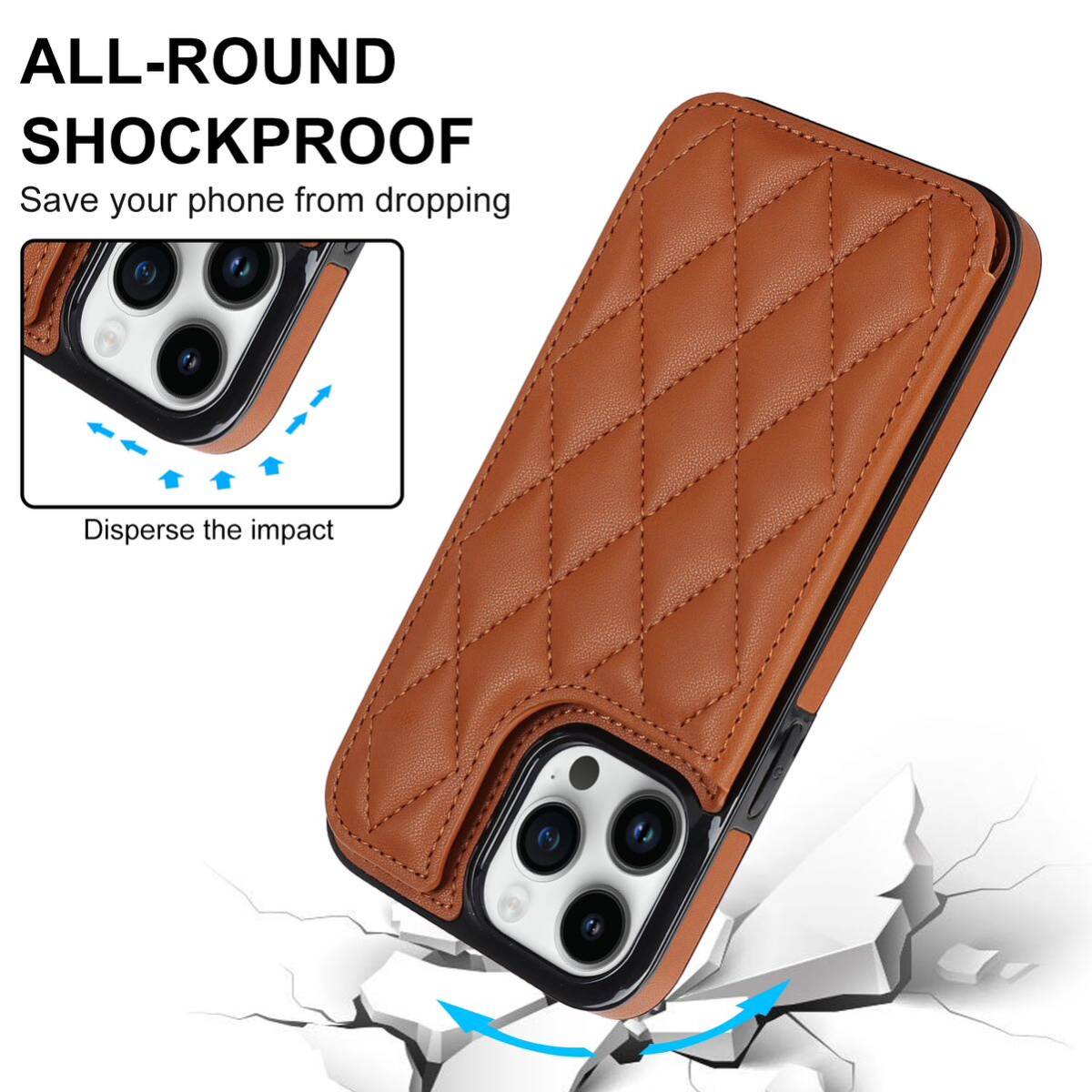 iPhone 12 pro max leather case iPhone 12 Pro Max quilting case iPhone12 pro max cover the back side card storage Brown 
