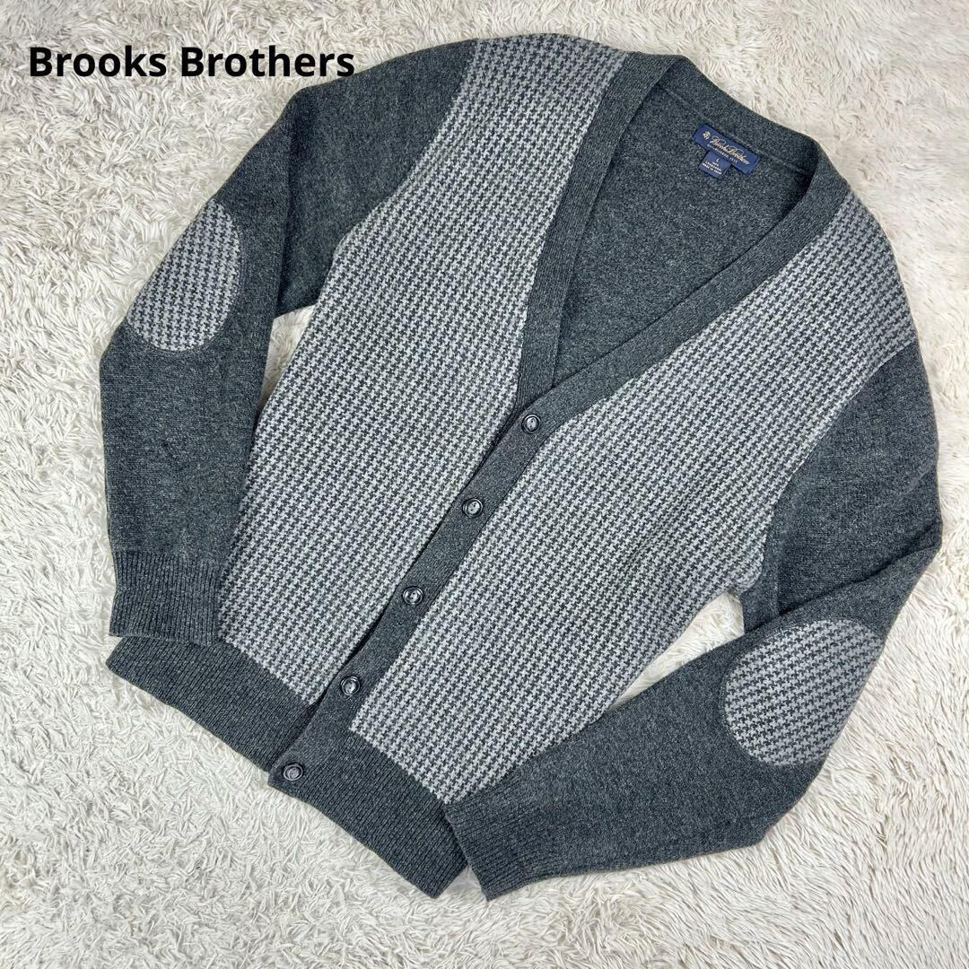 【希少サイズL】 Brooks Brothers 【抜群の存在感】 ブルックスブラザーズ カーディガン メンズ ウール 千鳥格子 エルボーパッチ グレーの画像1