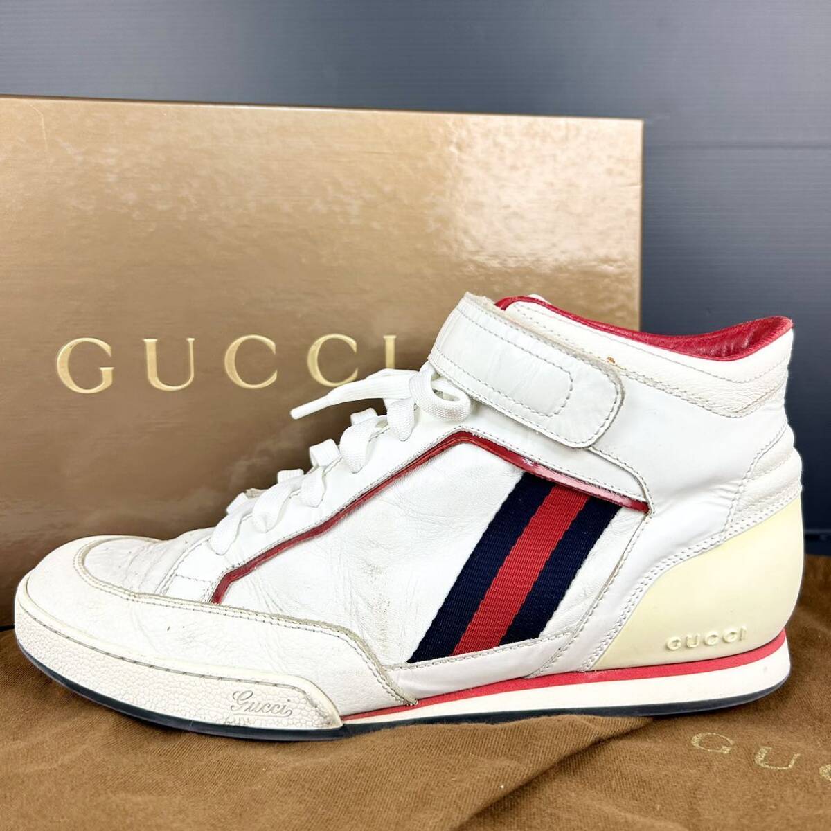 1円 【美品】 GUCCI グッチ 【圧倒的高級感】 メンズ スニーカー ハイカット 靴 シェリーライン レザー ロゴ ホワイト 白 6 25.5cm相当の画像1