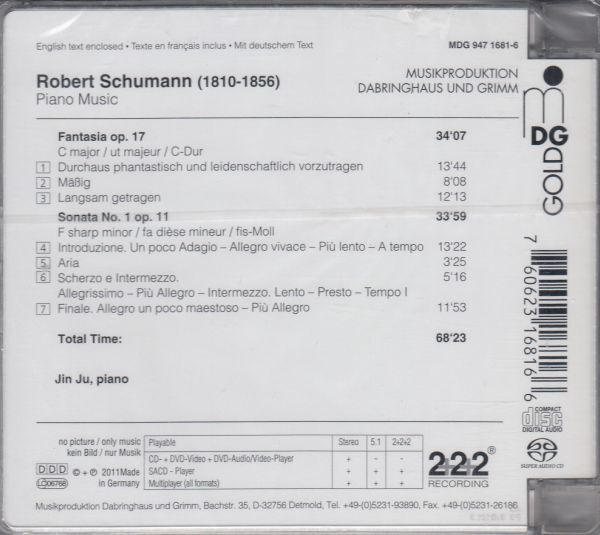 [SACD/Mdg]シューマン:幻想曲ハ長調OP.17&ピアノ・ソナタ第1番嬰ヘ短調Op.11/ジン・ジュ(p) 2010.8_画像2