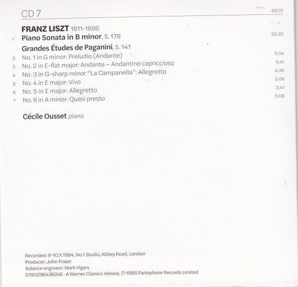 [CD/Warner]リスト:ピアノ・ソナタロ短調S.178&パガニーニによる大練習曲S.141/セシル・ウーセ(p) 1984.10の画像2