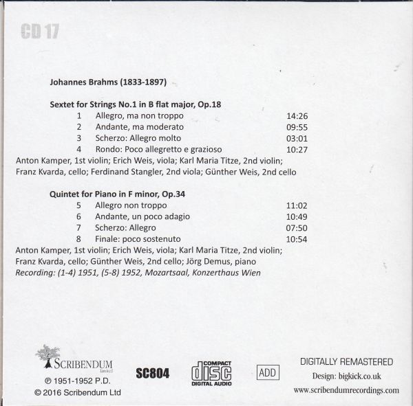 [CD/Scribendum]ブラームス:ピアノ五重奏曲ヘ短調Op.34他/J.デムス(p)&ウィーン・コンツェルトハウス四重奏団 1952他_画像2