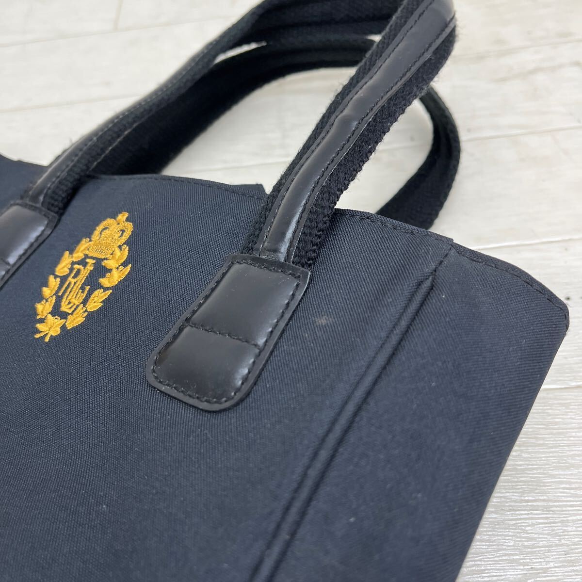 1388◎ LAUREN RALPH LAUREN ローレン ラルフローレン バッグ 鞄 ハンド マグネットボタン ロゴ 刺繍 ネイビー レディース_画像8