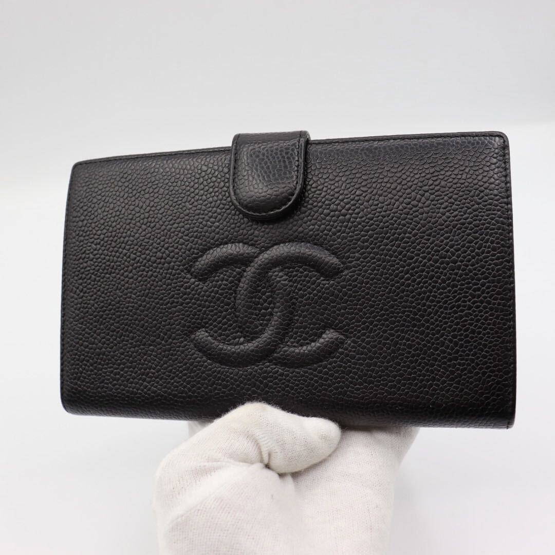 美品！CHANEL シャネル　キャビアスキン　がま口　長財布　ブラック