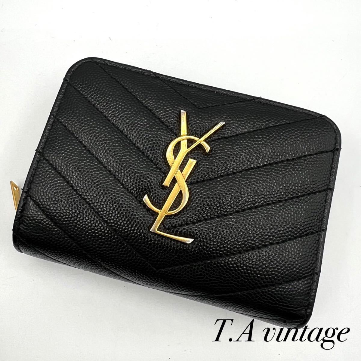 美品　SAINT LAURENT サンローラン　パリ　Vステッチ　YSL コンパクト　折り財布　ブラック