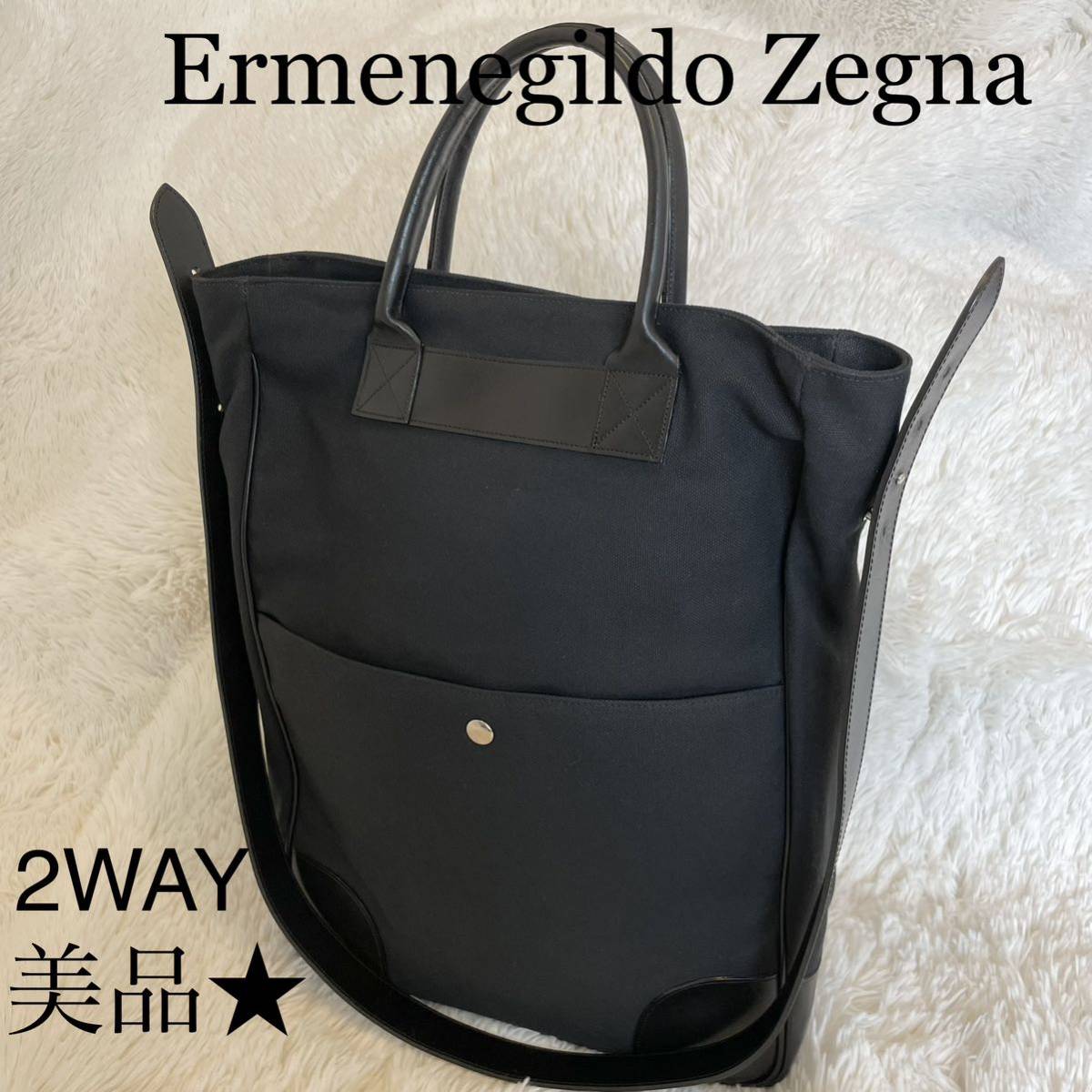 美品☆ エルメネジルド・ゼニア EZ by ZEGNA 2way トートバッグ　レザー　キャンバス　黒　ブラック　三陽商会　ビジネス　普段使い_画像1