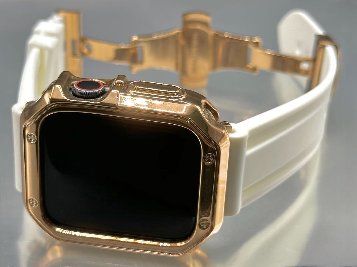 ホワイト&ローズ アップルウォッチバンド ラバーベルト Apple Watch カバー　ケース メンズ レディース 38mm40mm41mm42mm44mm45mm