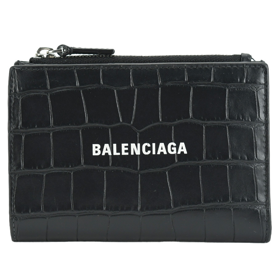 バレンシアガ BALENCIAGA 二つ折り財布 コンパクトウォレット ロゴ 694166 クロコ型押し レザー ブラック 黒 財布 メンズ レディース 中古