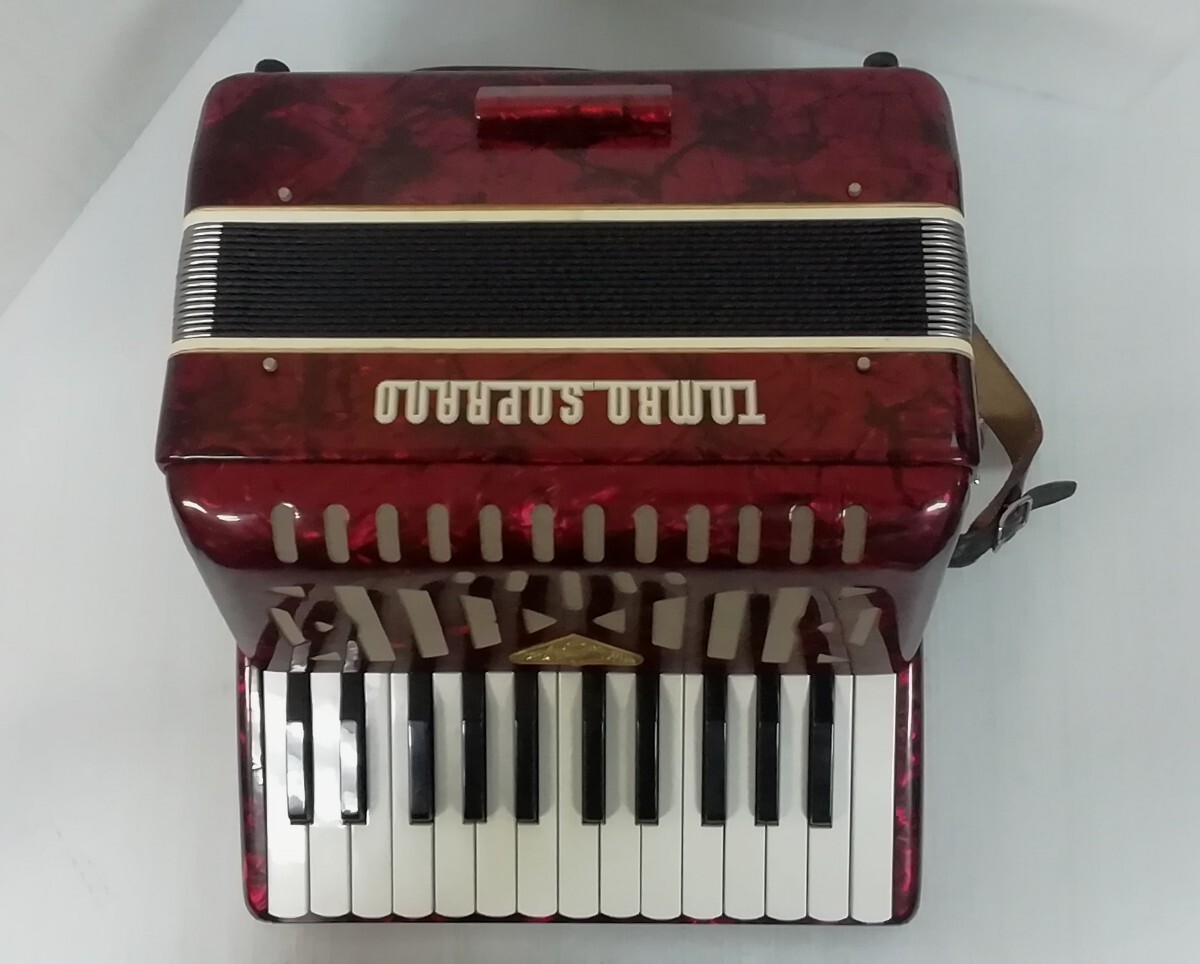 音出し確認済 TOMBO トンボ No.250 アコーディオン 25鍵盤 鍵盤楽器  器材 音楽 ハードケース付 赤 レッド  年代物 現状品 の画像4