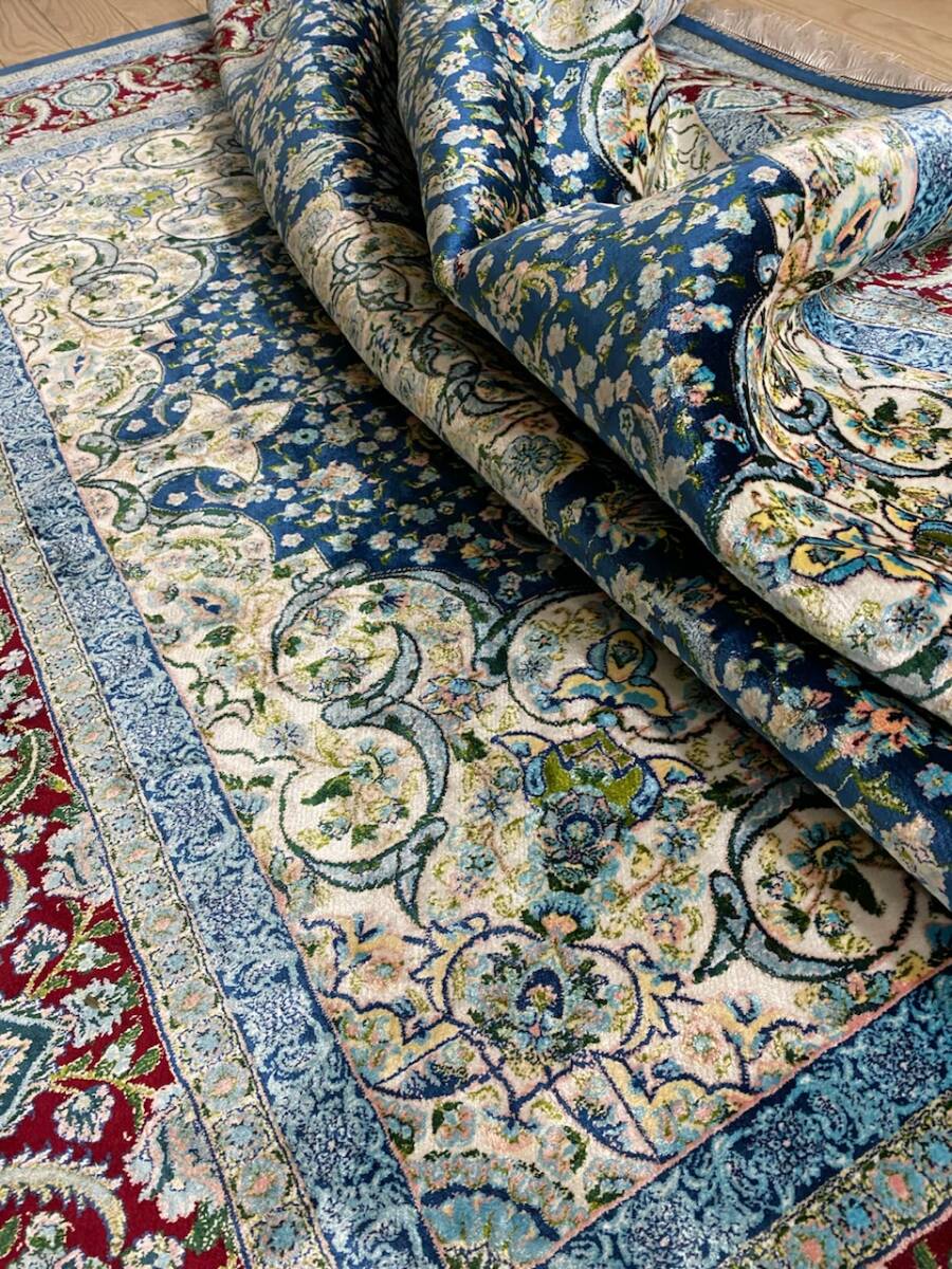 百貨店展示品 Negin Mashhad Helel工房 シルク100％ 最高峰225万ノット イラン産 手織り 高級ペルシャ絨毯 150×238cm #2の画像3