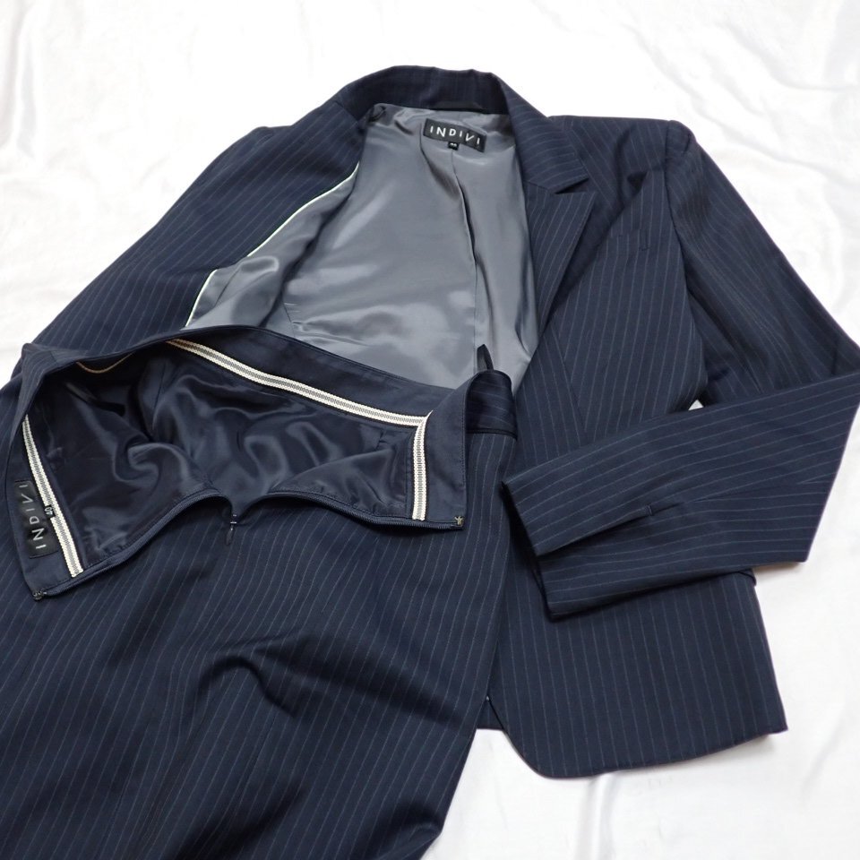 *INDIVI/ Indivi skirt suit 40/M corresponding / knees height / dark navy / stripe pattern / wool .&0128700111