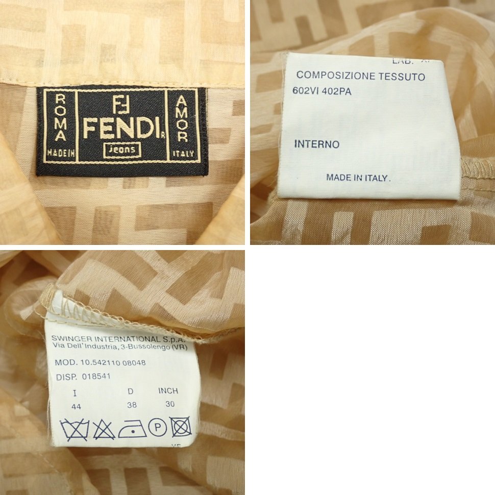 ★FENDI/フェンディ ズッカ柄 シースルー 長袖シャツ 44/レディースL相当/ベージュ系/総柄/若干難あり&1375500617の画像4