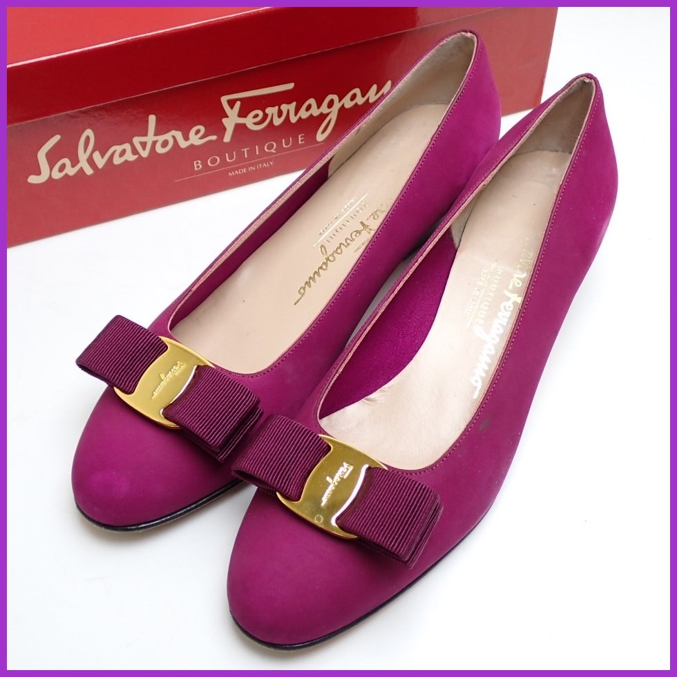 ★Salvatore Ferragamo/フェラガモ ヴァラリボン パンプス 5.5C/23cm相当/パープル/スエード/ヒール高約3cm/外箱付き&1201700332_画像1