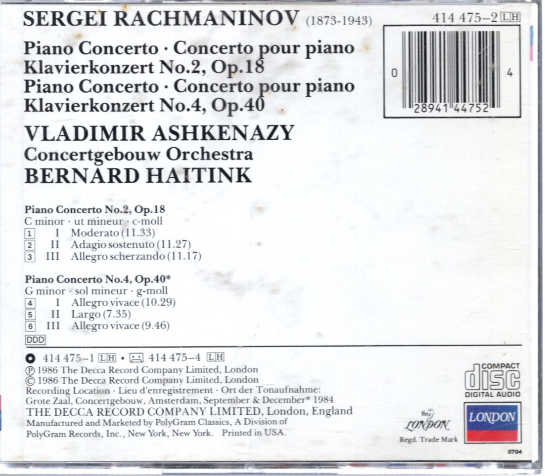 CD　ラフマニノフ：ピアノ協奏曲第2番、第4番　ウラディミール・アシュケナージ（ピアノ）　レオナルド・ハイティンク指揮　_画像2