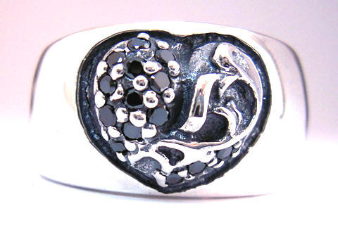*** silver 925 Heart ring with pave black diamond 21 number * Heart in band ring new goods unused Heart ring 