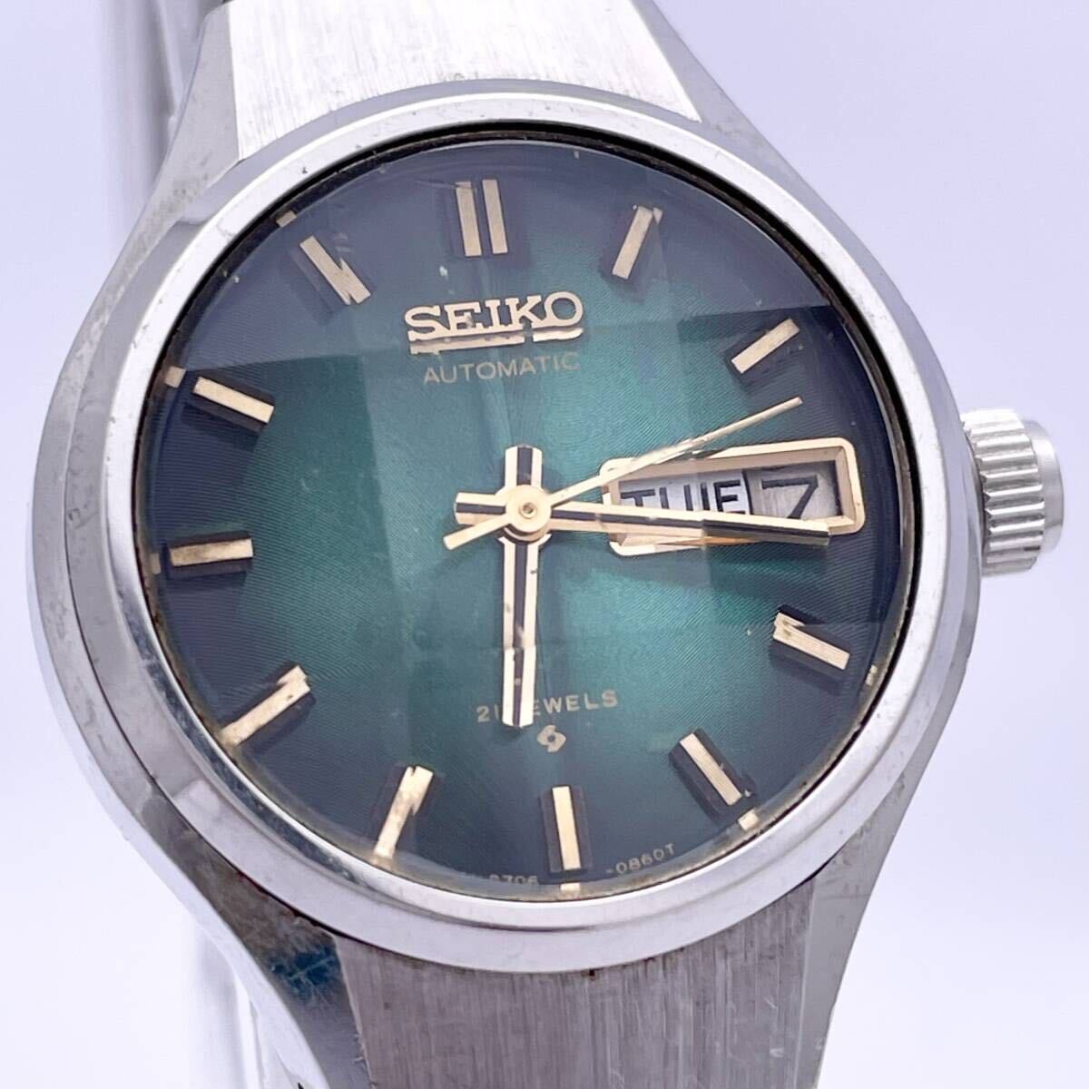 SEIKO セイコー AUTOMATIC 2706-0310 21 JEWELS 腕時計 ウォッチ 自動巻き 機械式 デイデイト カットグラス 銀 シルバー P76_画像4