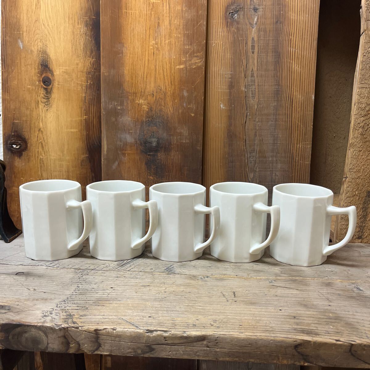 5個セット 12角形 陶器 珈琲 コーヒー 白磁 アンティーク マグカップ カップ ビンテージ シンプル カフェ雑貨 ティーカップ 薄造り 蔵出し _画像1